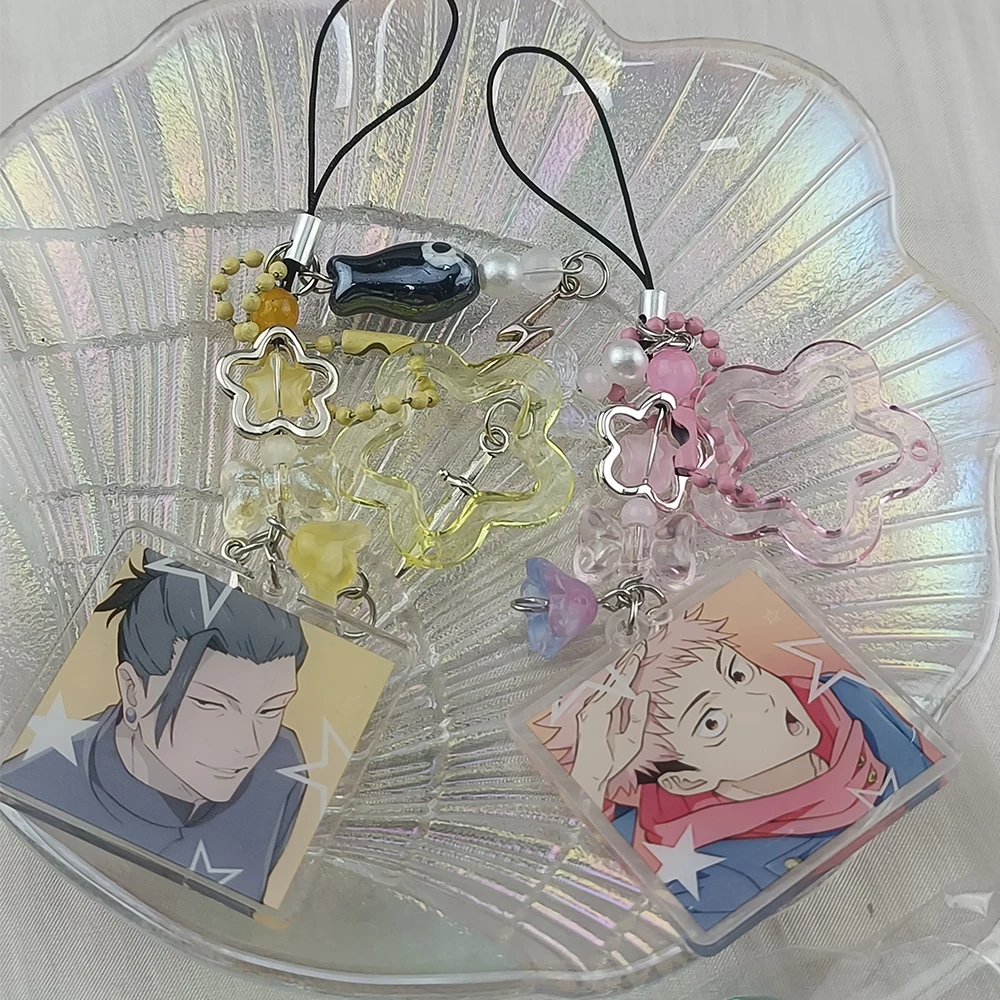 JJK Beaded Phone Charm Nanami Kento Choso Fushiguro Toji Acrylic Photo Pendant Y2K Butterfly Star Beads Handmade Anime Fans Gift