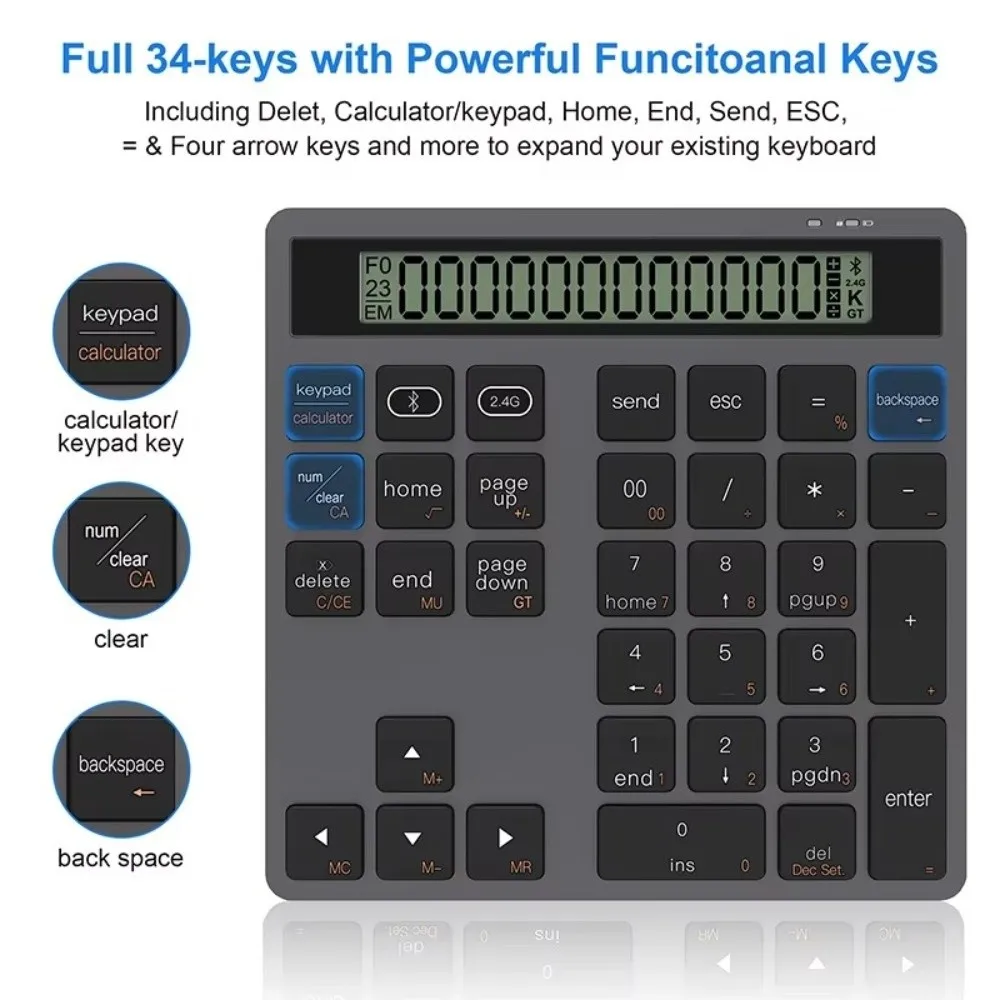 

34 Keys Bluetooth Number Pad Screen Display Multifunctional 2-in-1 Numpad and Calculator Mini 2.4G Wireless Number Pad Keyboard