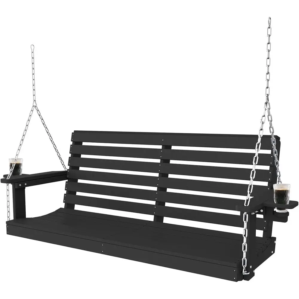 

Double Seat Patio Swing with Cup Holders, Weather-Resistant Black Bench for Outdoor Spaces
