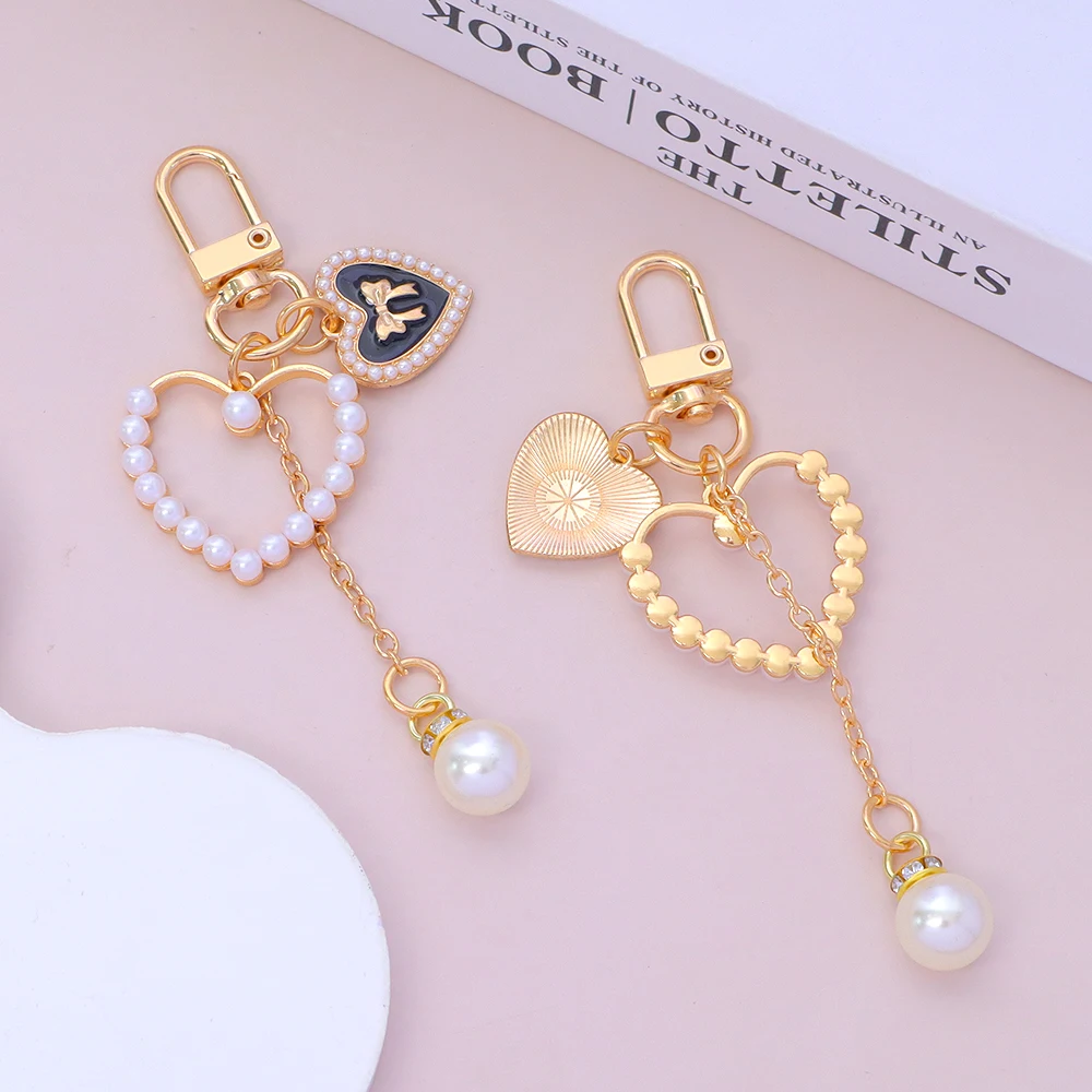 Fashion Bow Key Chain Elegant Heart Pearl Tassel Keyring Handbag Ornament Alloy Pendant Headphone Case Car Trinkets DIY Gift