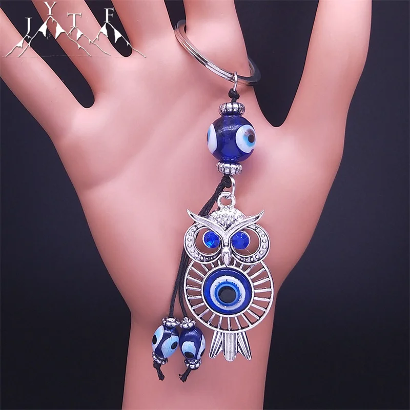 

Owl Evil Blue Eye Tassel Key Chain Women Alloy Silver Color Glass Crystal Turkey Eyes Bag Accessories Animal Jewelry Gift KXH812