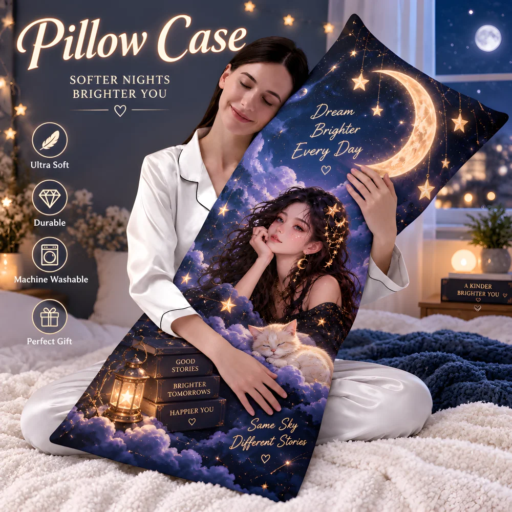 Dreamy Star Moon Dakimakura Pillowcase, Aesthetic Girl Cat Print Body Pillow Cover, Soft Long Pillow Case for Bedroom Home Decor