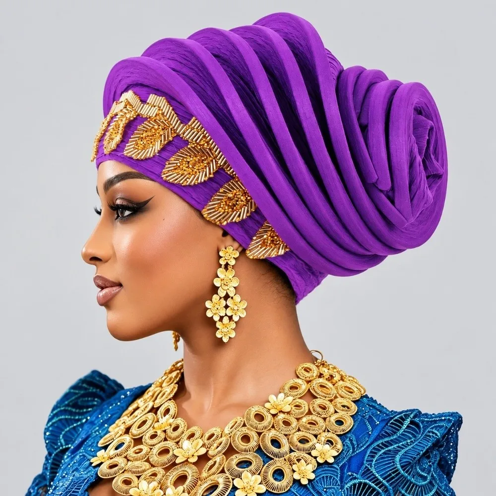 Shiny African Gele Headwrap Leaf Gold Embellished Yoruba Turban Hat Pre-tied Multiple Color Options Traditional Headpiece Bridal
