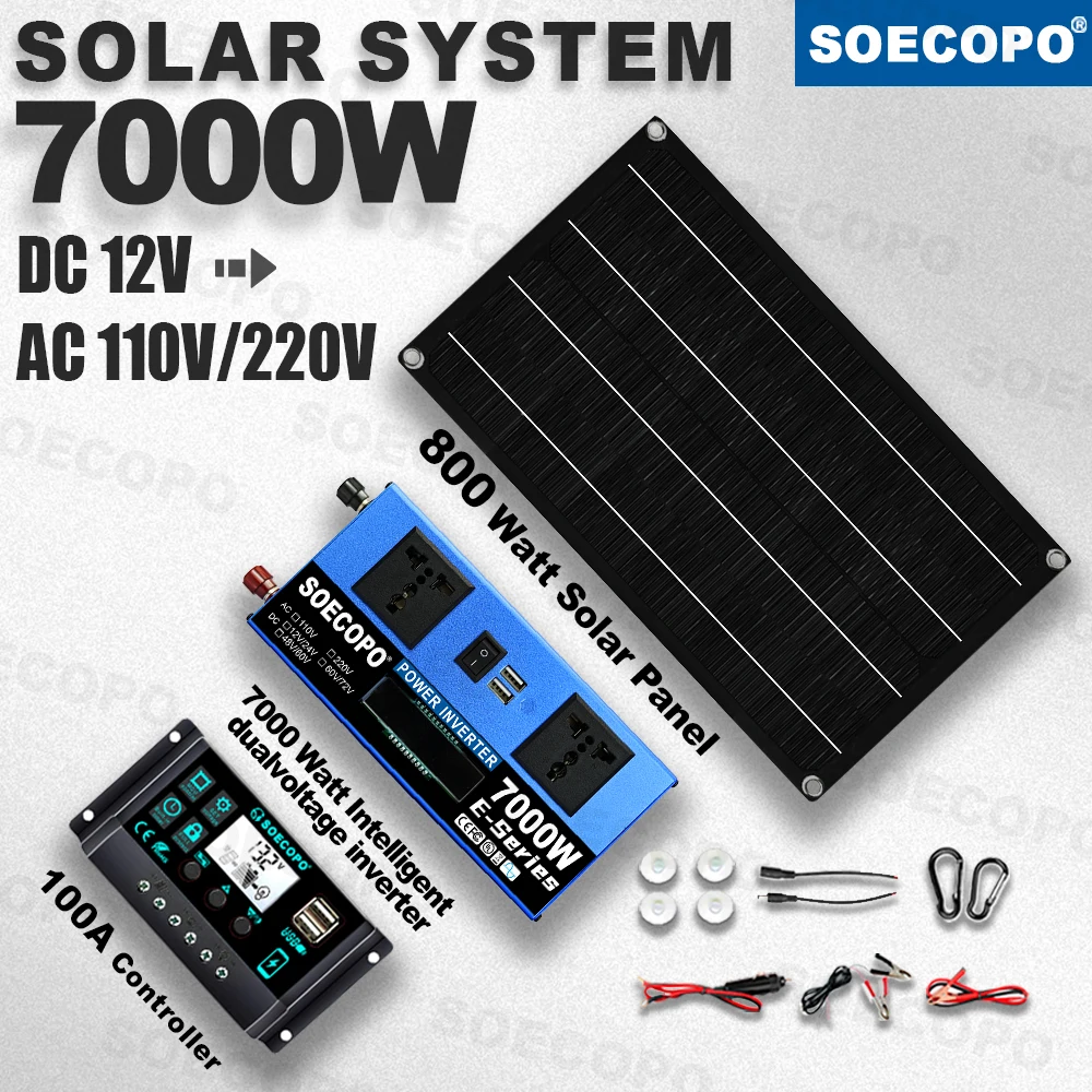 SOECOPO 7000W Peak Solar System Kit 800W Panel 100A Controller 12V 110V 220V Inverter Generator for Camp Home charger off grid