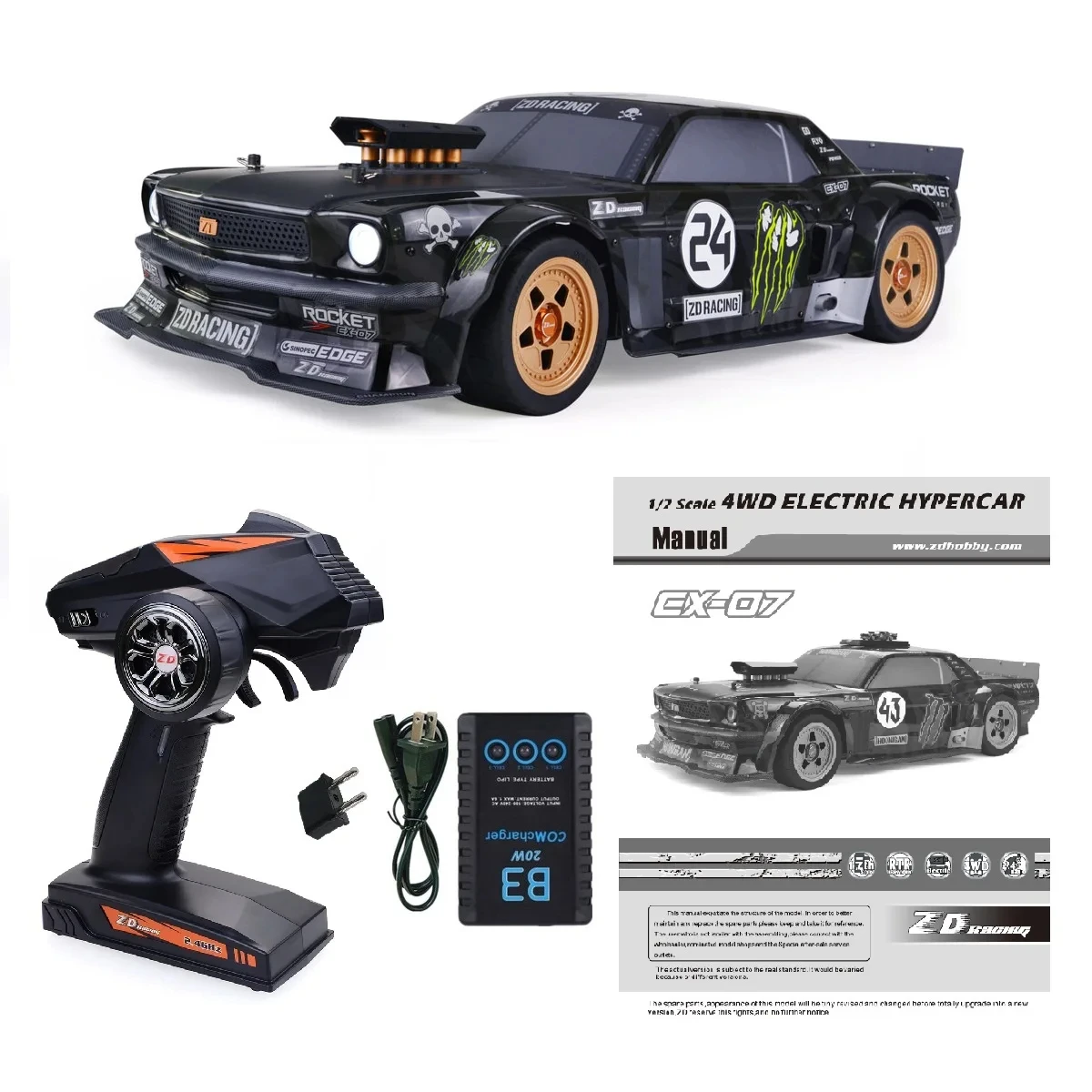 ZD Racing-Monster Truck elétrico com controle remoto, alta velocidade Drift Car, modelos de veículos enormes, 1:7 4WD, EX07, 130 km/h, Presente