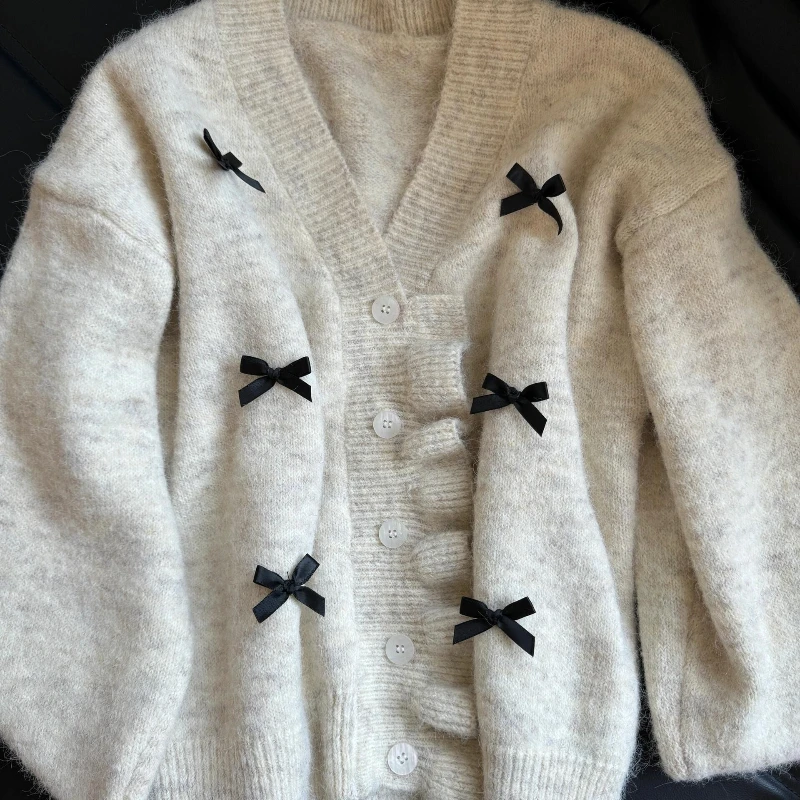 

Вязаный кардиган с бантом для женщин, японский сладкий и антивозрастной свитер, свободный и утягивающий короткий топ