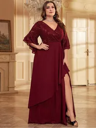 Plus Size 4XL5XL Short-Sleeved V-Neck Sequin Wedding Bridesmaid Evening Dress Slit Chiffon Floor-Length Elegant Evening Dress