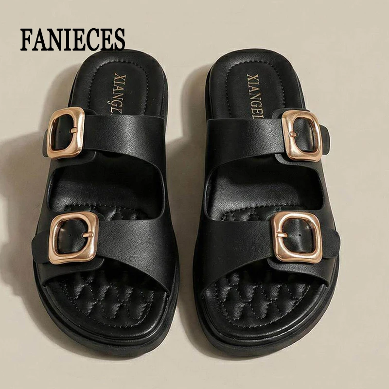 

Casual Slippers Women PU Leather Open Toe Double Buckle Flat Summer Outdoors Non-Slip Soft Soles Slip On Beach Footwear Slippers