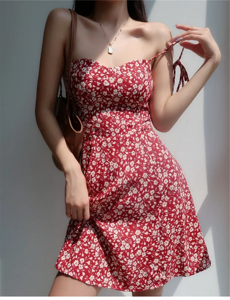 Women New Summer Floral Dress Slim Waist Bandage Slip Dresses Chic Sweet Girls Vintage Vocation Clothes Cute Cottagecore Dresses