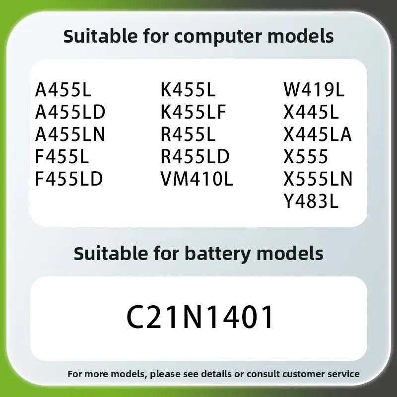 C21N1401 for ASUS  A455LN F455L F455LD K455L K455LF R455L R455LD VM410L W419L X445L X445LA X555 X555LN Y483L  Laptop Battery