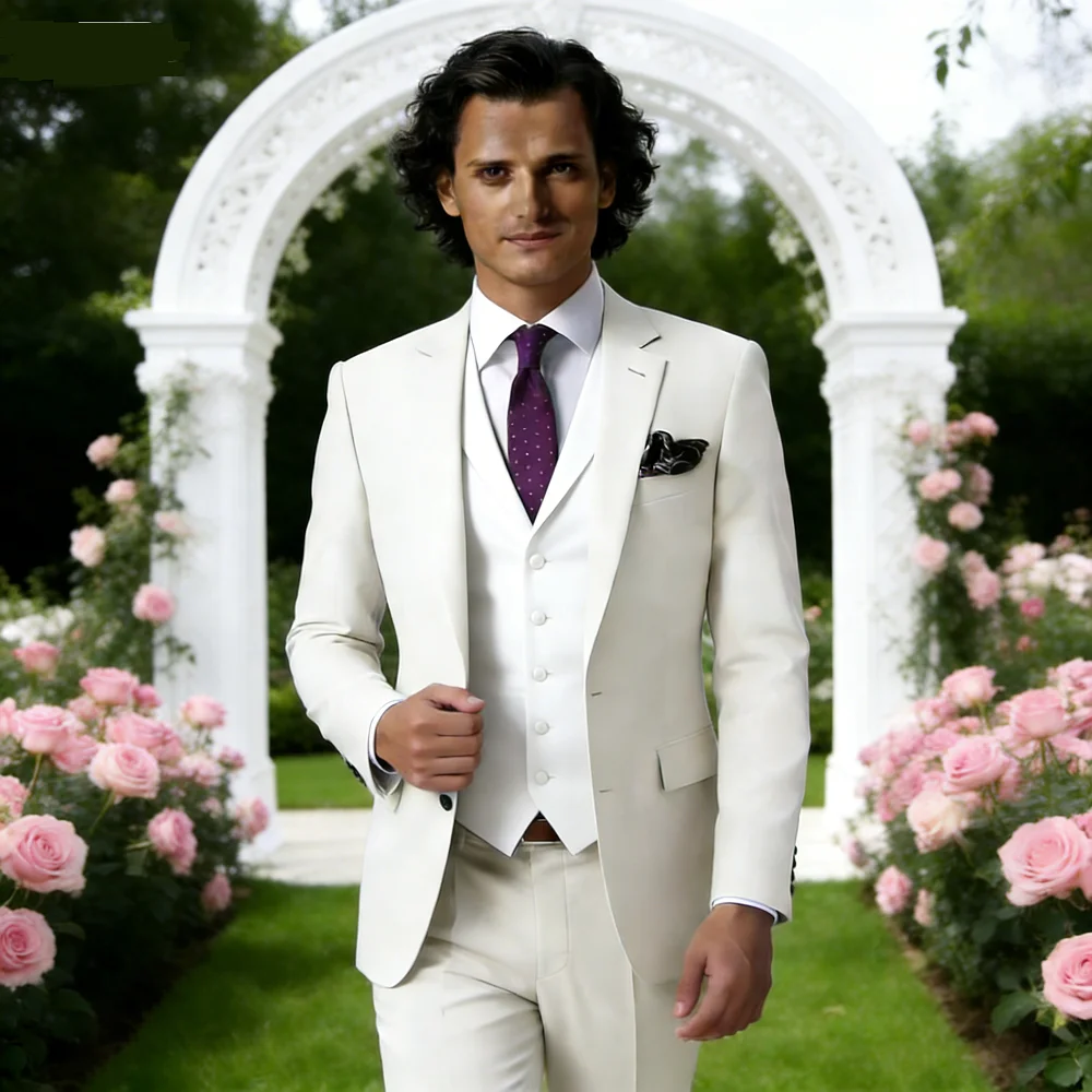 

Мужские свадебные костюмы из трех предметов, формальный смокинг жениха, выпускной вечер, мужской модный комплект одежды с пиковыми лацканами, куртка, брюки, жилет