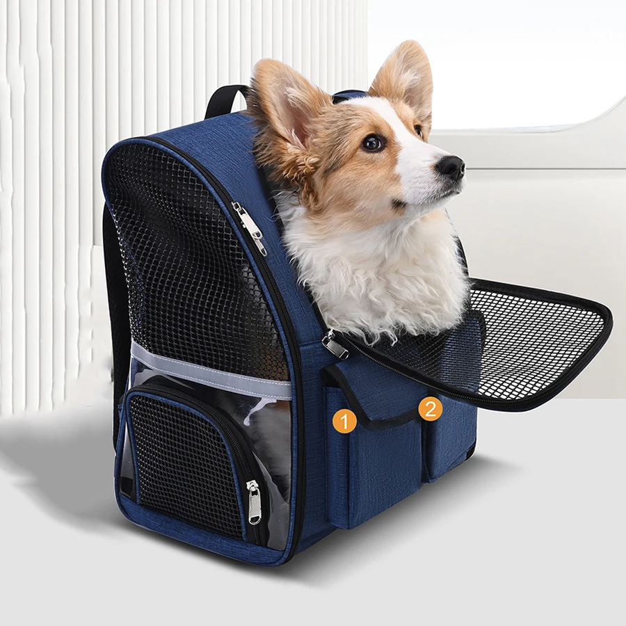 Oxford Fabric Foldable Pet Carrier Backpack Mesh Ventilated with Luggage Sleeve Pockets Travel Rucksack for Small Dogs Cats Hiki