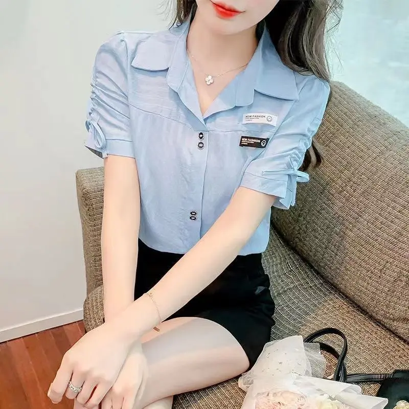 Summer New Thin Short Sleeve White Chiffon Shirt Women Clothing Solid Polo Neck Loose Lacing Temperament Blouse Fashion Sweet