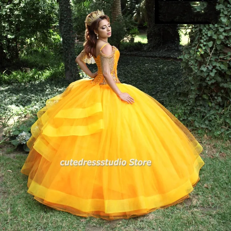 Bidight-vestidos de quinceañera amarillos, con abalorios y borlas, Charro, 15 años de hombros descubiertos, dulce vestido de desfile de 16 años