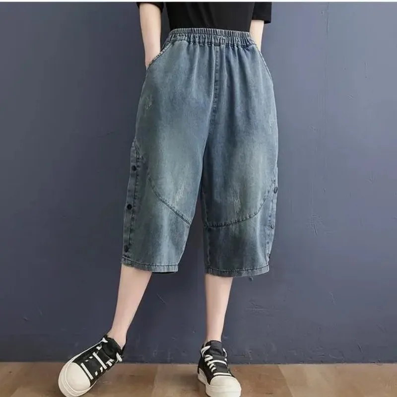 Plus Size Elastic Waist Denim  Pants Women Loose Wide Leg Button Decor Bermuda Shorts Summer