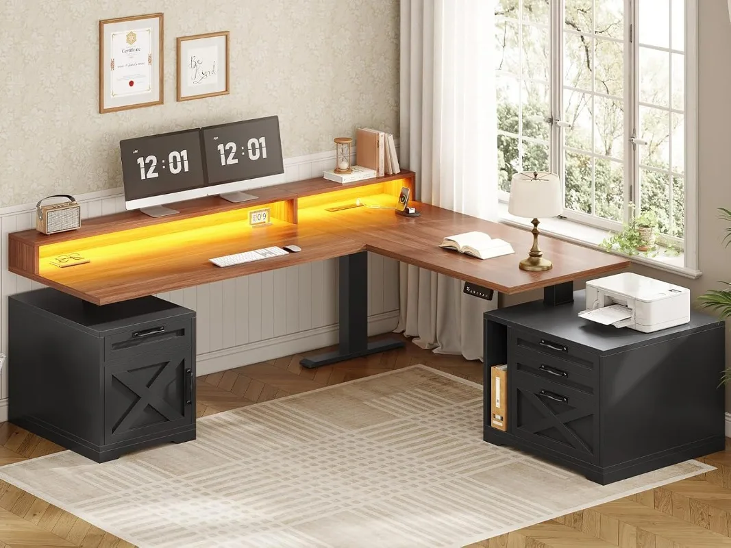 

SEDETA Farmhouse L Shaped Standing Desk, 70.1" x 73.2" Height Adjustable Home Office Executive Desk with Drawers, Power Outlet