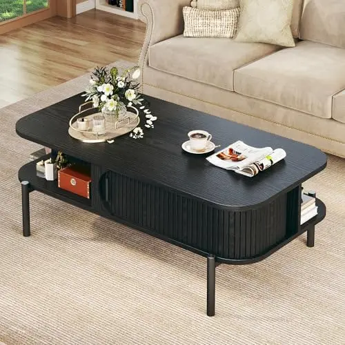Coffee Table, 39.4" Mid Century Modern Coffee Tables for Living Room, Coffee Table with Storage Open Shelf, Fluted