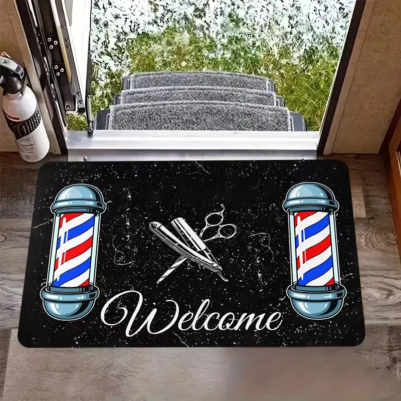 Vintage Barber Life Pole Scissors Print Doormat Anti Slip Floor Mat Barbershop Front Entrance Rug