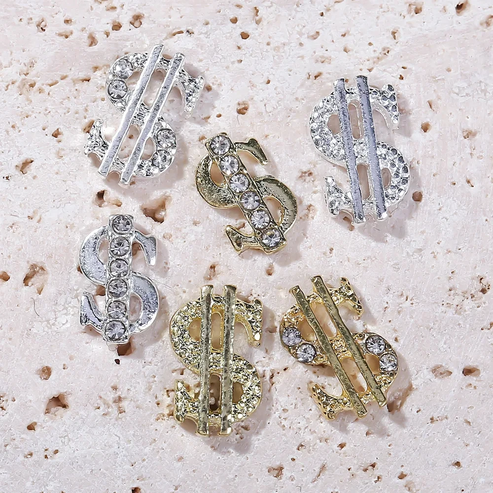 10Pcs Gold Silver US Dollar Symbol Sign Nail Figures Decoration Rhinestones Manicure Hip Hop Jewelry DIY Nail Jewelry Bulk Sales