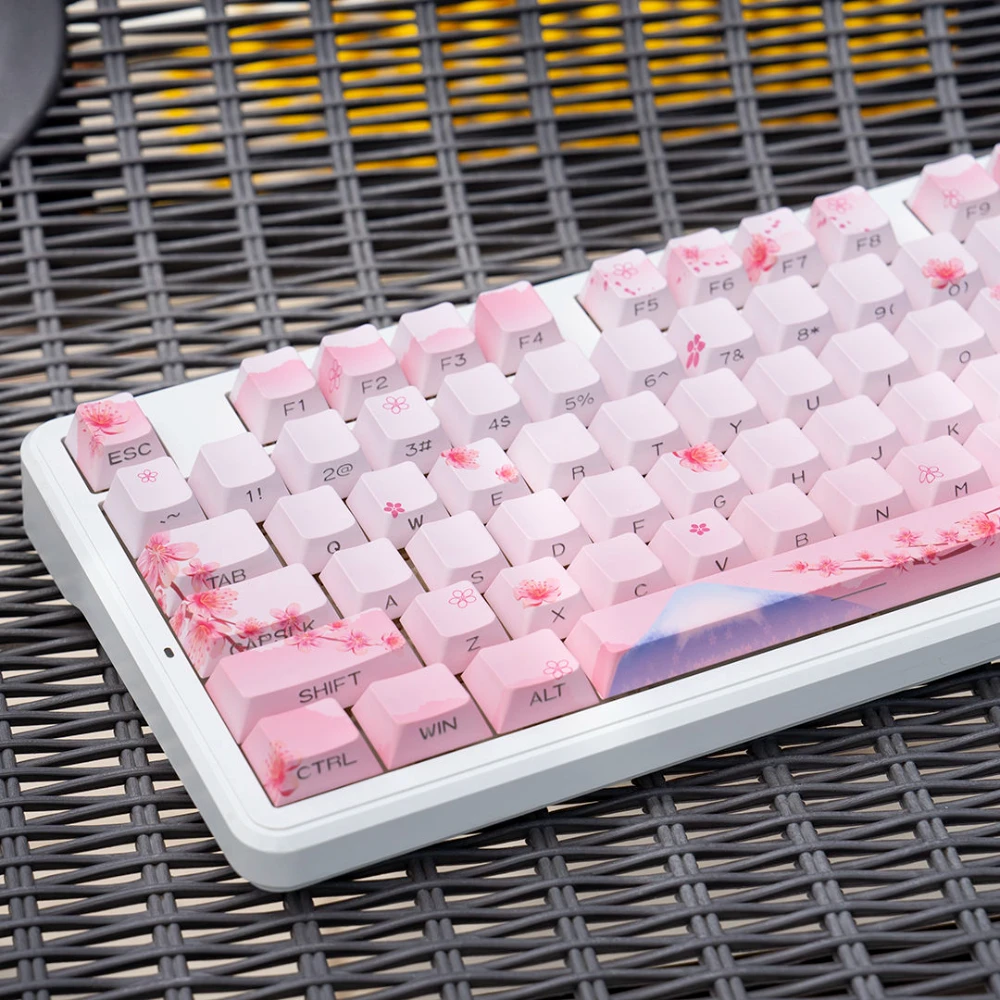 Side Carve Translucent Keycap Set PBT 127 Keys Sakura Pink Teenage Girl for MX Switch 60/64/84/98/108 Mechanical Keyboards
