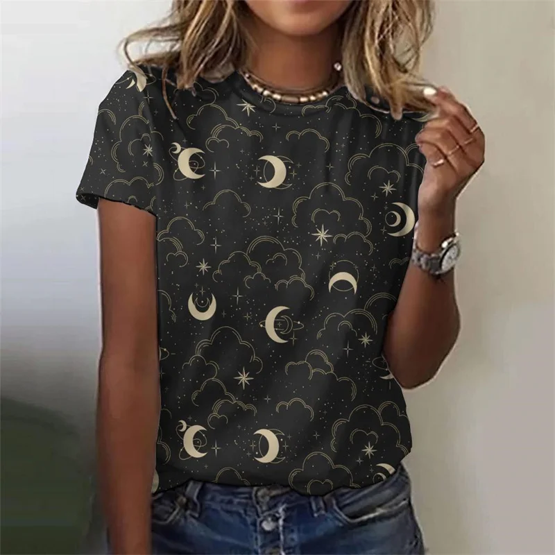 Grande taille décontracté t-shirt ample col rond hauts manches courtes 3D imprimé soleil étoiles lune t-shirt pour les femmes ciel étoilé t-shirts graphiques