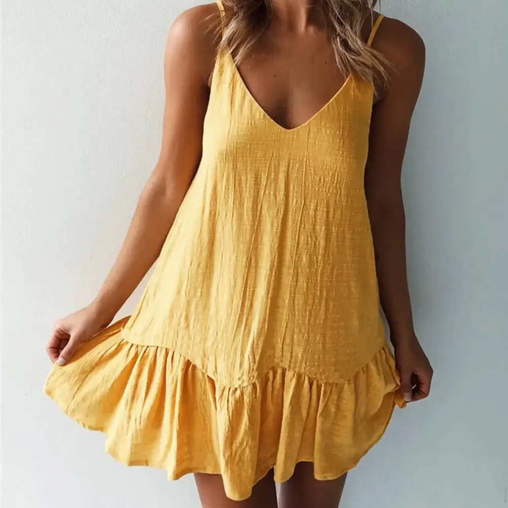 

V Neck Summer Dress For Dating Women Dress Solid Color Flounce Edge Spaghetti Strap Women Party Dresses