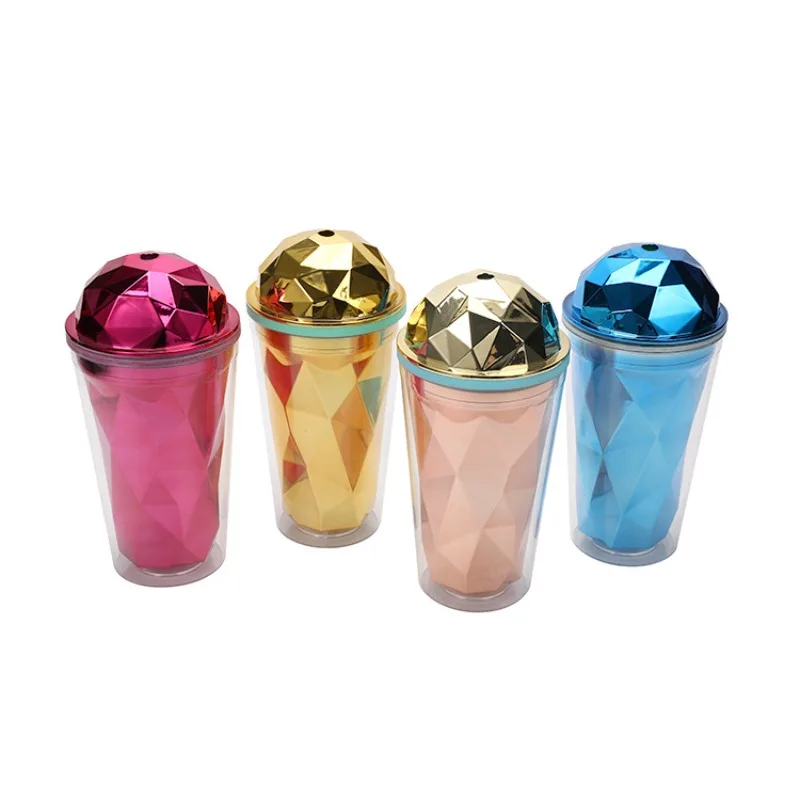 Cross-border diamond round cover ice cream cold drink cup electroplating creative double-layer plastic straw cup liner diamond