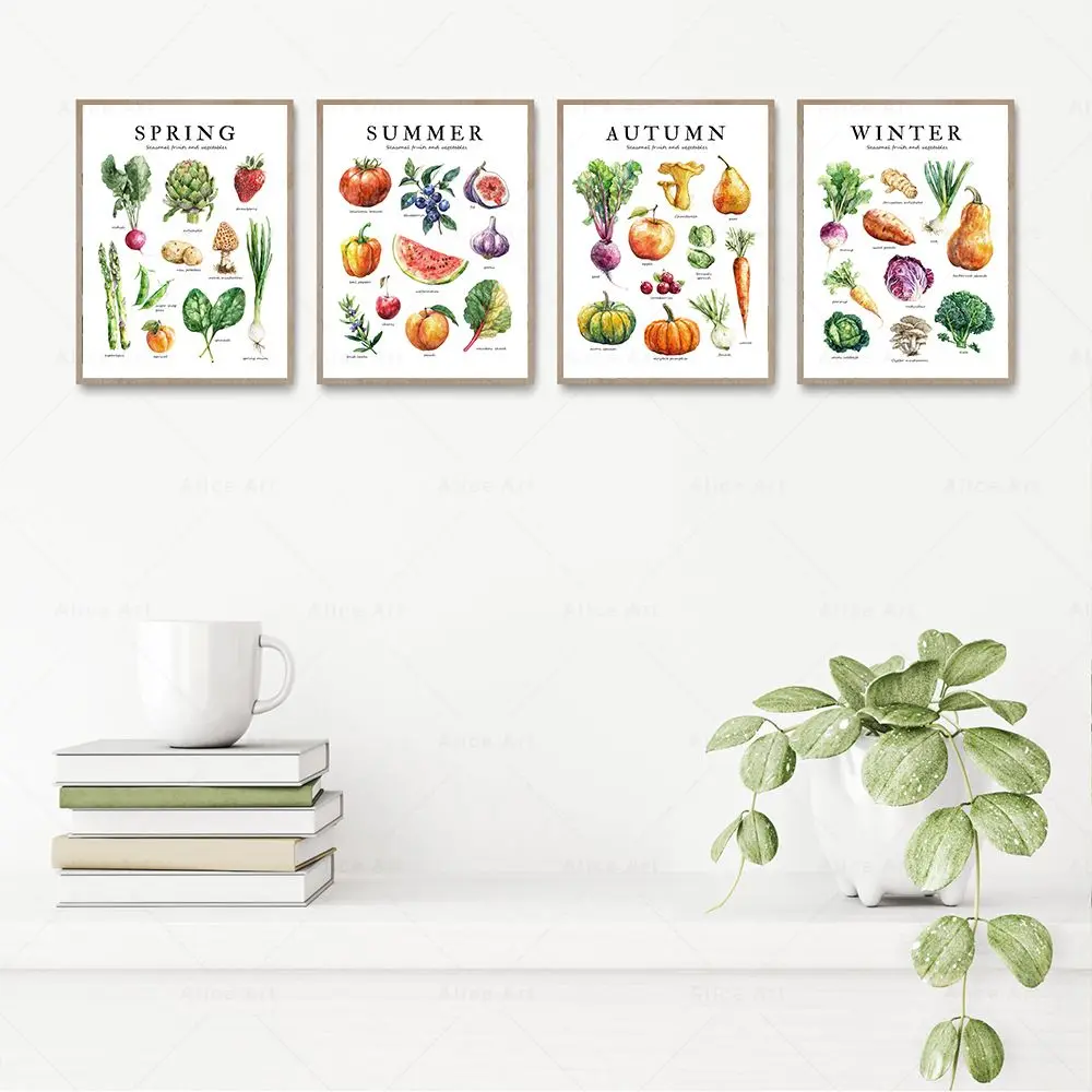 Spring Summer Autumn Winter Seasonal Vegetables&Fruits Poster Kitchen Prints Wall Art Canvas Painting for Dining Room Home Decor
