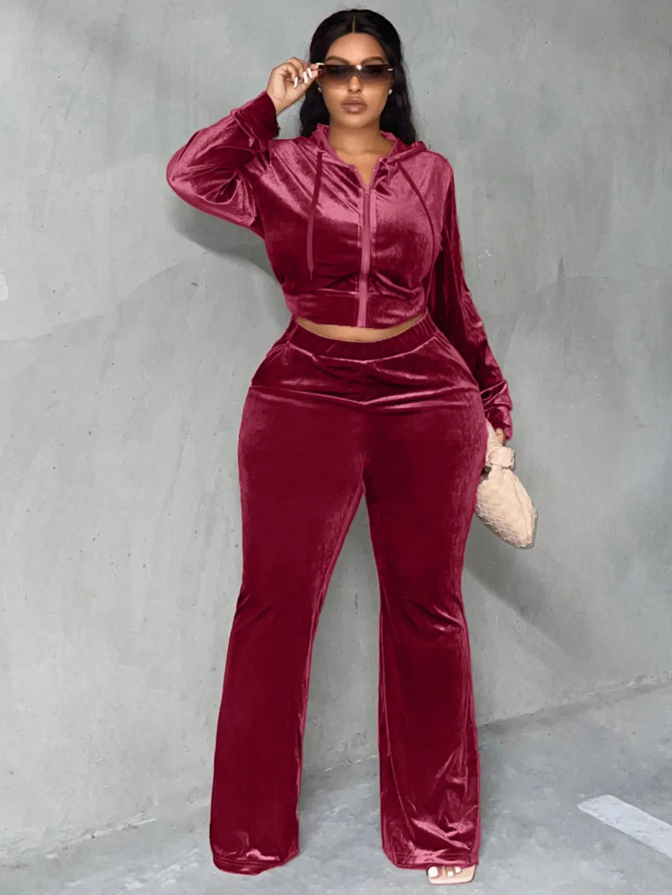 

Burgundy Velvet Zip-Up Cropped Hoodie & Flared Pants Set