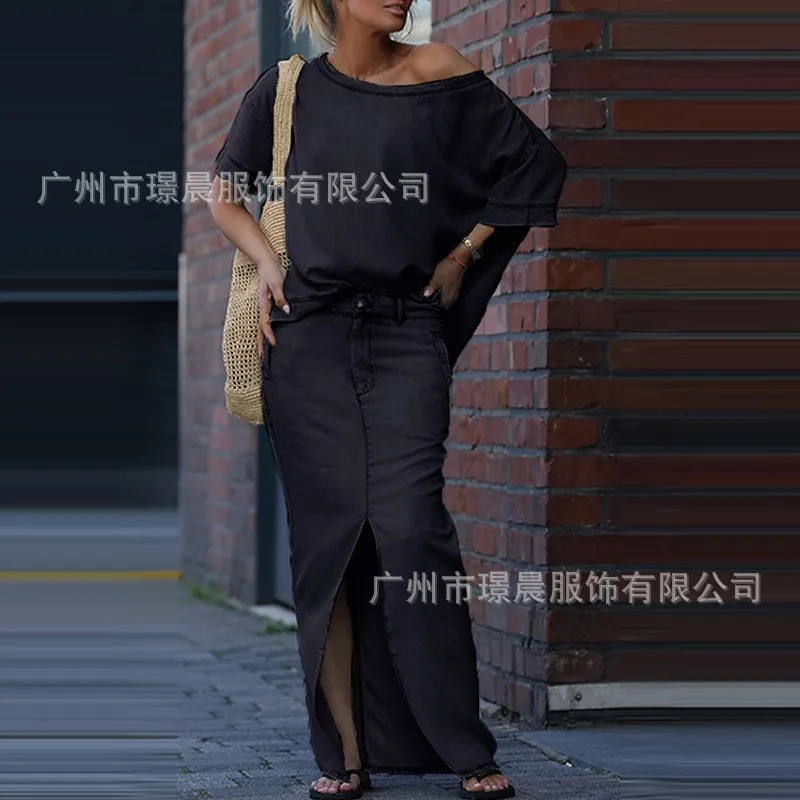 المرأة الربيع الصيف جديد 2 قطعة مجموعة بلون موضة قصيرة الأكمام بلوزات سبليت تنورة فستان أنيق الزي Conjuntos Femininos