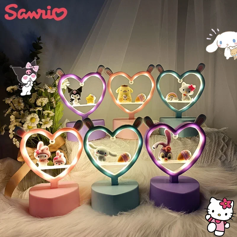 Kawaii Night Light My Melody Cinnamoroll Kuromi Hello Kitty Heart-Shaped Atmosphere Light Bedroom Mini Decorative Lamp Gifts