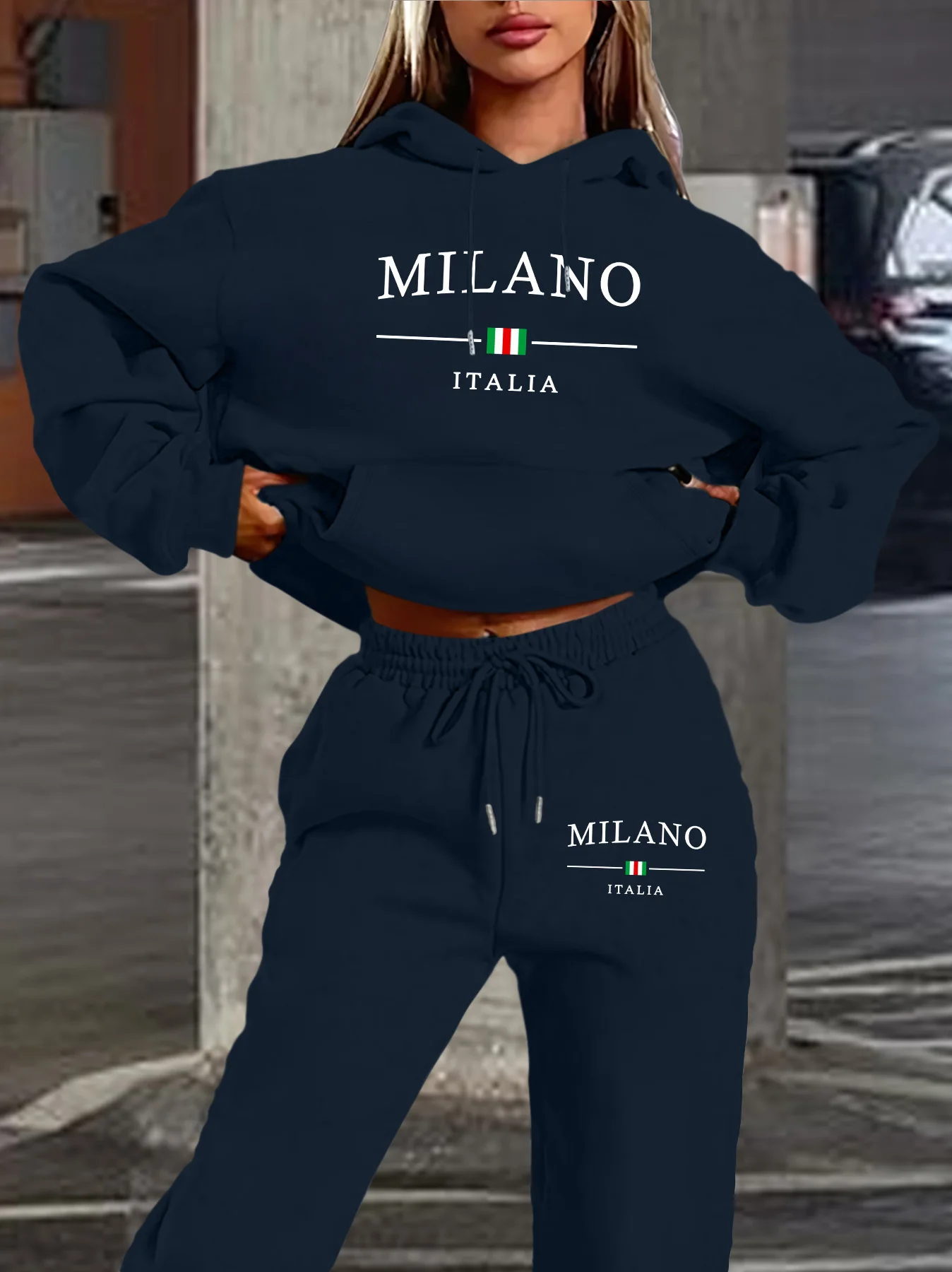2026 Female Fashion Crop Hoodie Set Warm Fleece Milano Print Hoodie + Wide Leg Sweatpants Daily Casual Sports 2pcs Outfit