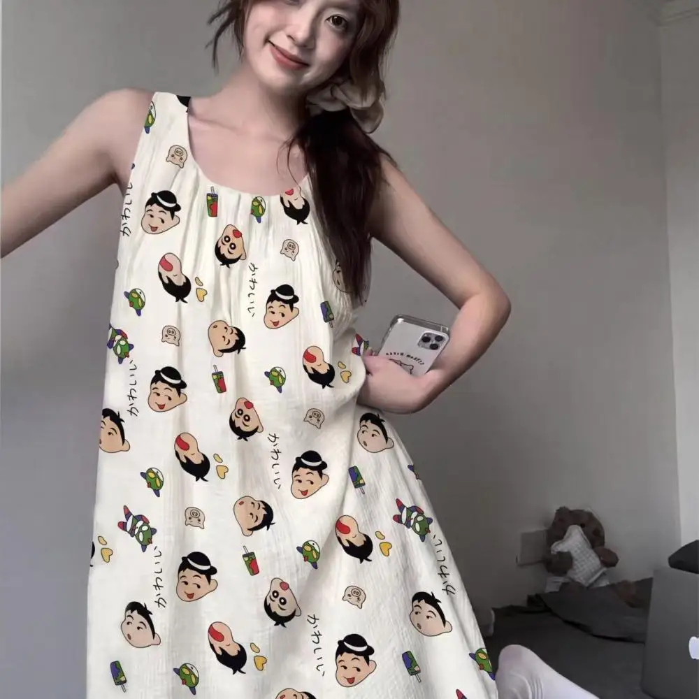 Crayon Shin-Chan Women's Summer Nightdress with Chest Mat Cartoon Cute Shin Chan Girls Pajamas Loose Casual Loungewear Outdoor