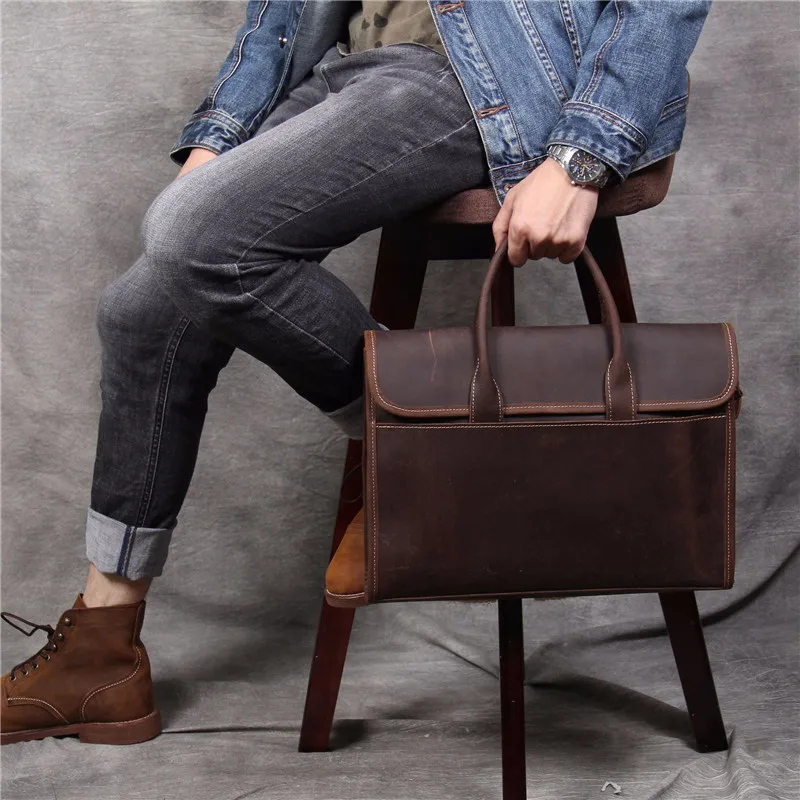 Sac à Main Vintage en Cuir group pour Homme, Simple, en Cuir de Vache, pour Ordinateur Portable, Étanche, 03