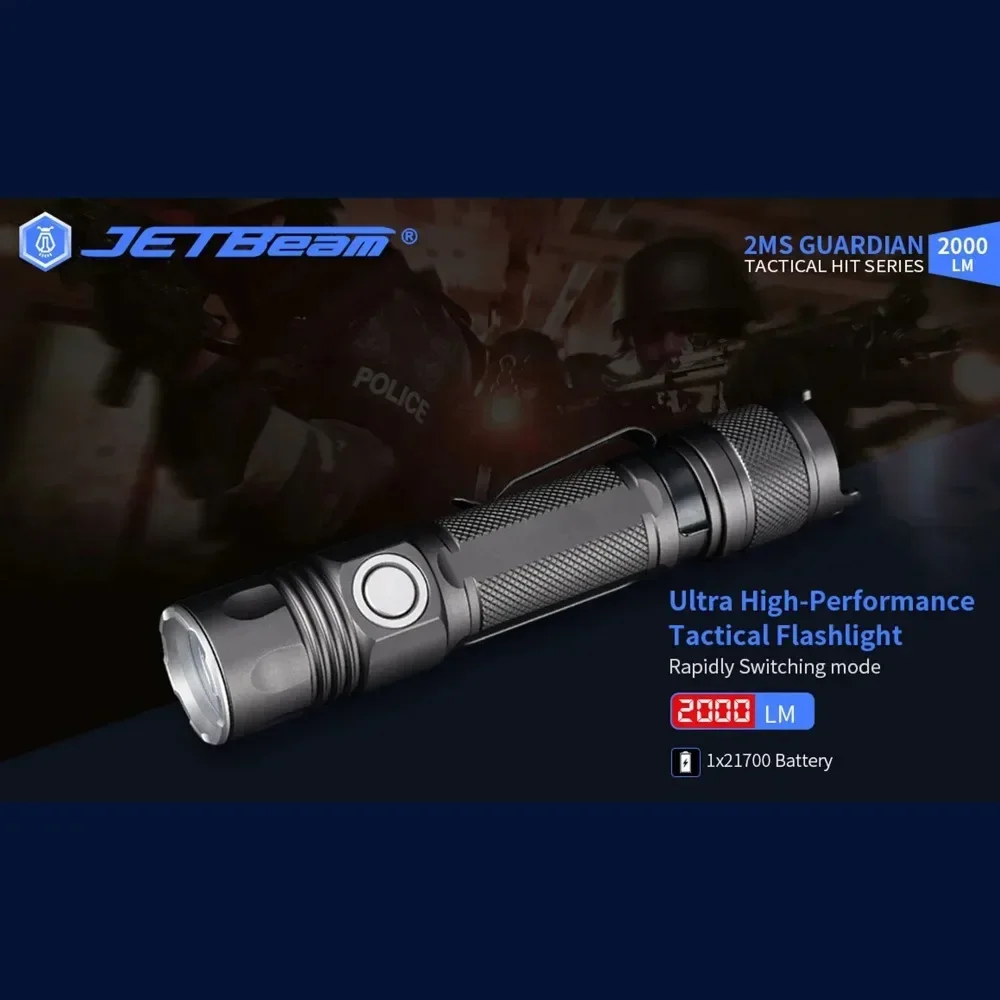 

JETBeam 2MS EDC LED Flashlight EDC Tactics 2000 Lumens USB-C Rechargeable Water Resistant Everyday Carry Black