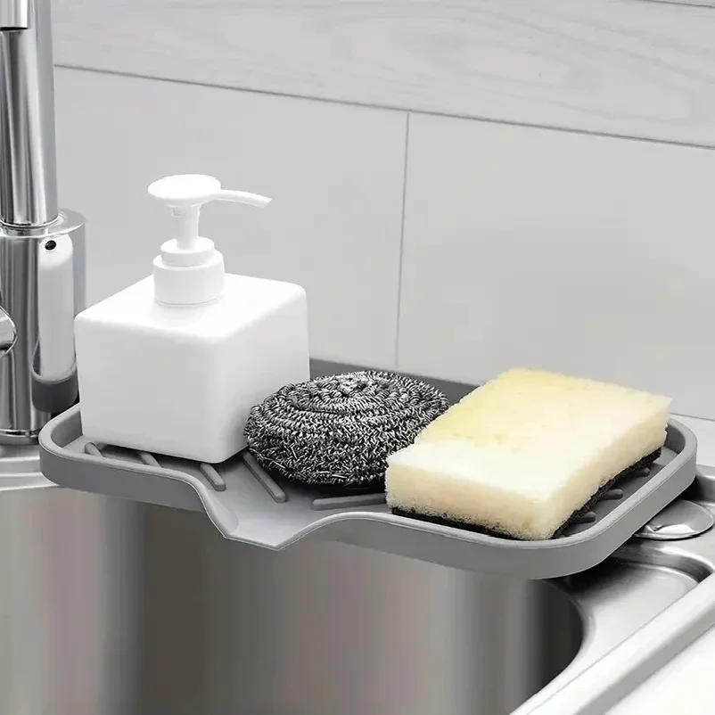Kitchen storage rack sink silicone tray with drainage soap sponge storage rack countertop sink wiping soap storage convenient fo view 3