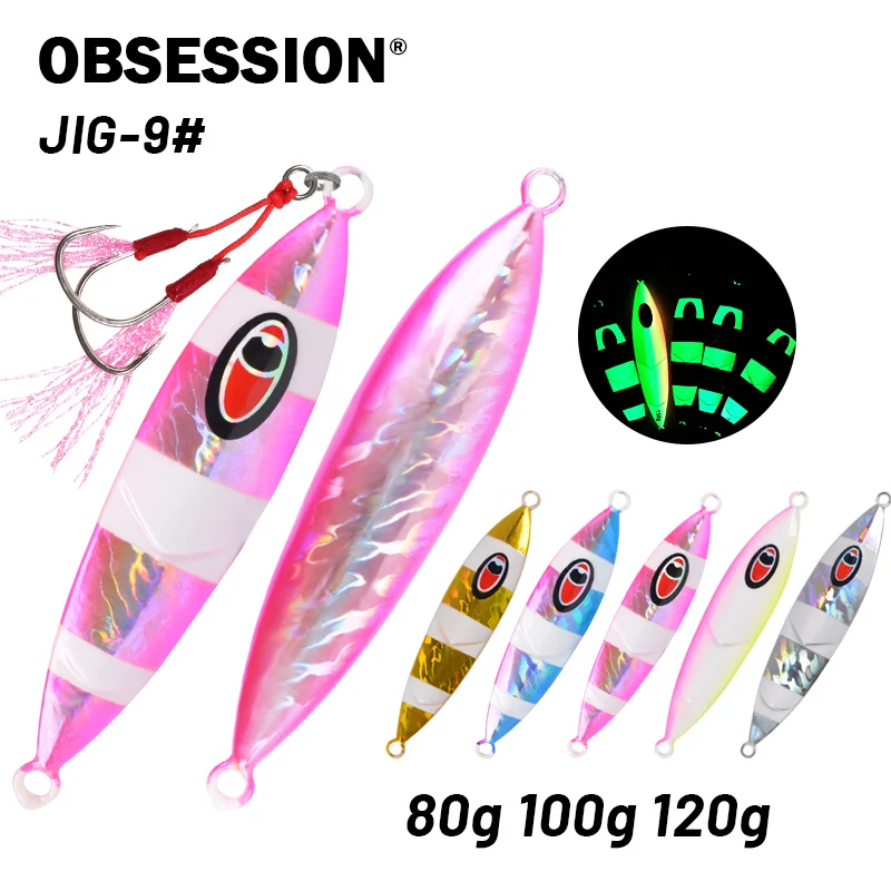 

OBSESSION 80g 100g 120g Slow Jigging Lure Fishing Lures Saltwater Metal Jig Luminous Sinking Cranky Hard Bait Assist Twin Hook