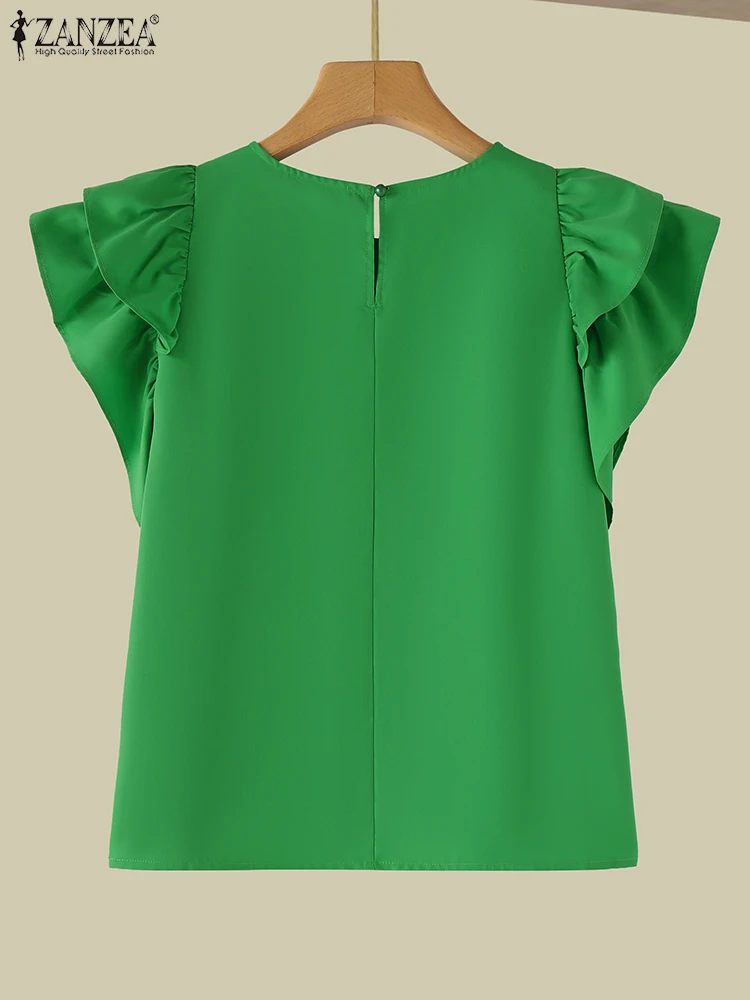 ZANZEA 2025 بلوزة الصيف الكورية موضة المرأة كشكش أكمام تانك القمم عادية مطوي تونك شيك فضفاض تكدرت Blusas فام