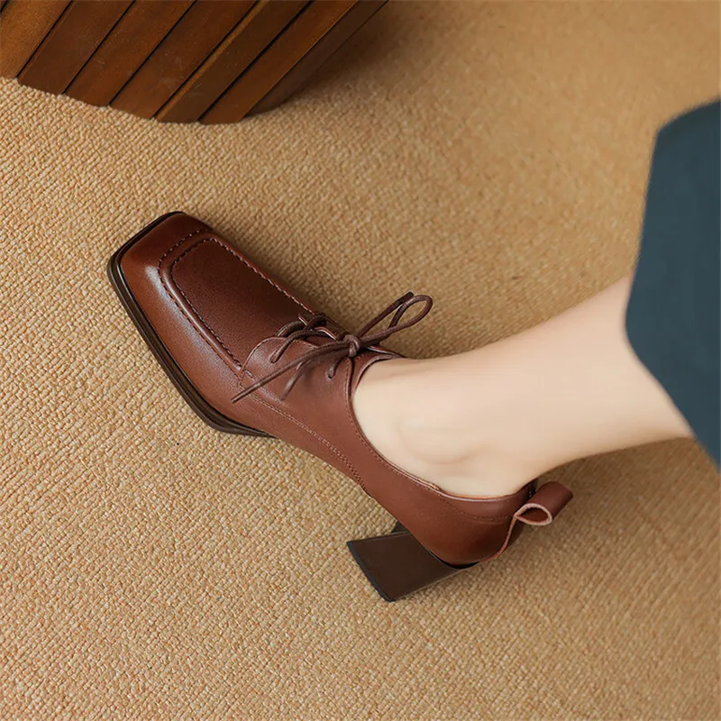 New Spring Genuine Leather Women Shoes French Retro Square Toe Lace Women Pumps High Heels Loafers Shoes for Women Ladies Shoes