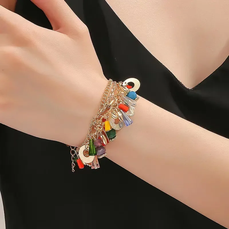 

Hot selling Bohemian Geometric Color Crystal Pendant Bracelet with Multi layer Beaded Bracelet and Bracelet