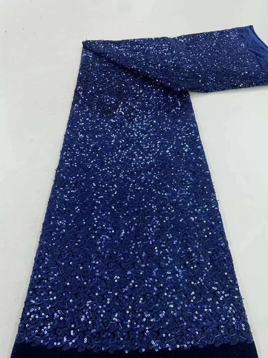 

Blue African Sequins Lace Fabric 5 Yards High Quality French Nigerian Groom Beaded Lace Fabric For Sewing Dress Wedding Party