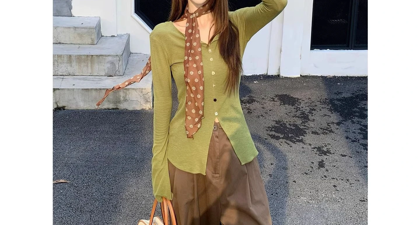 Gentle Wind Horn Sleeve Long Sleeve Small Shirt for Women 2026 New Green Casual T-shirt Top