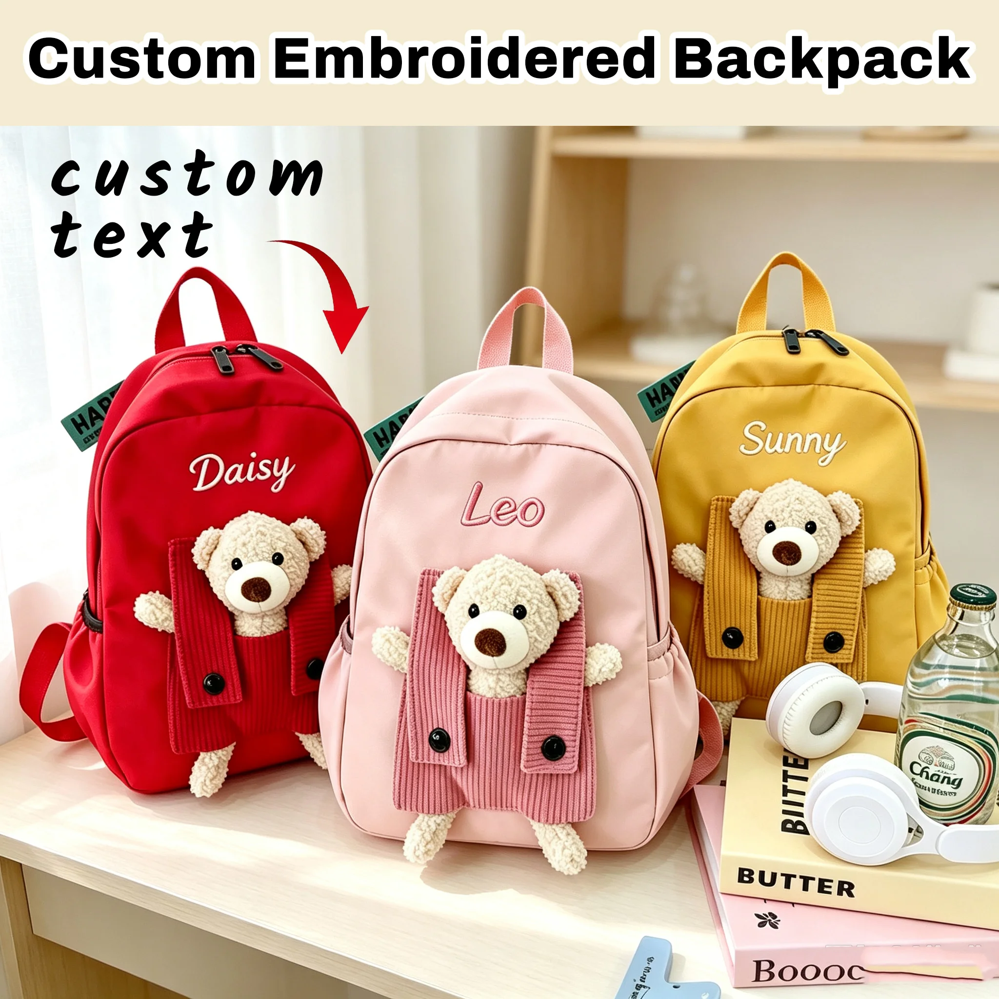 Personalized Name Embroidered Kids Backpack, Cute Plush Bear Toddler Backpack, Custom Kindergarten School Bag for Boys Girls