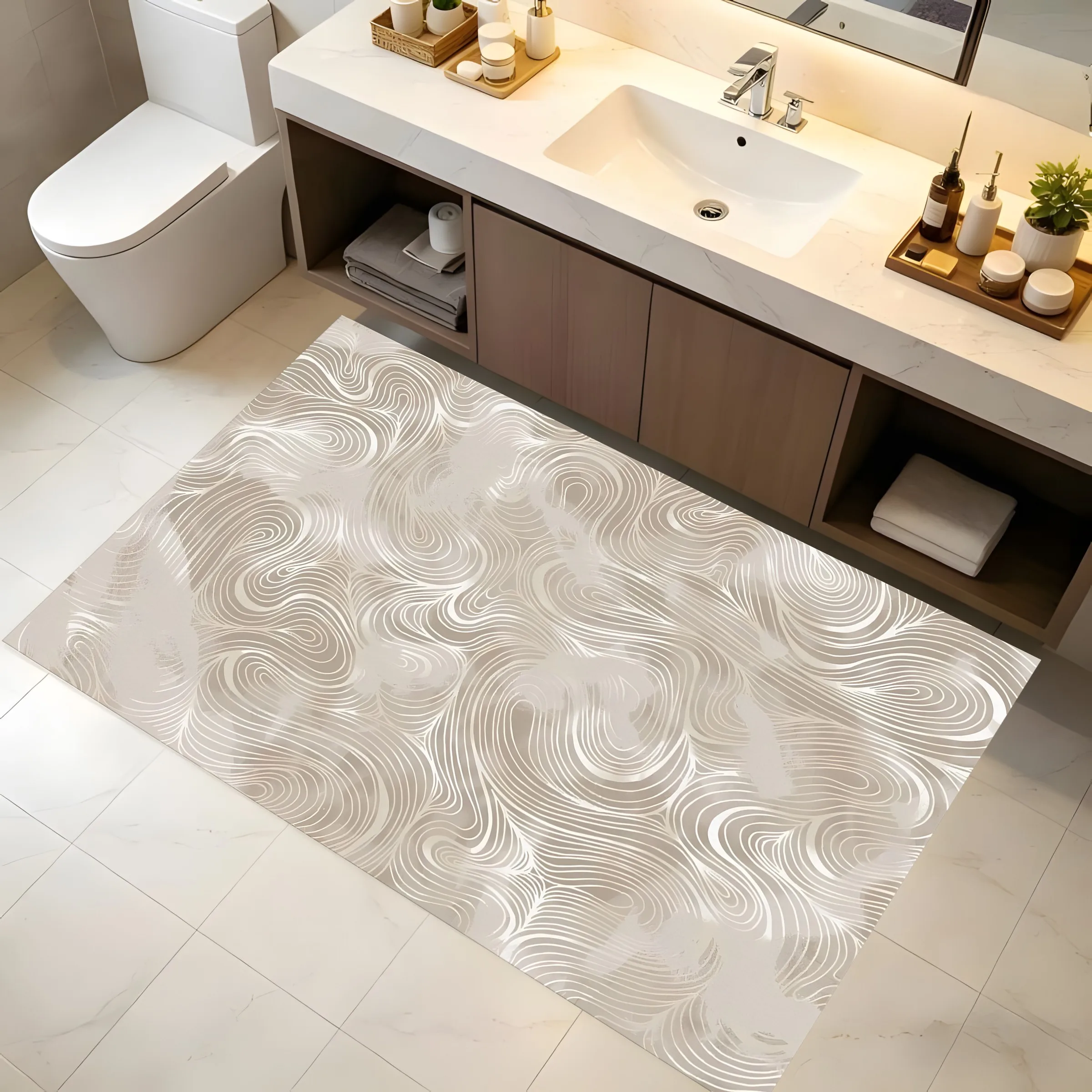 2D Large Rug, Beige Flowing Wavy Pattern, Minimalist Light Luxury Style, Living Room & Bedroom