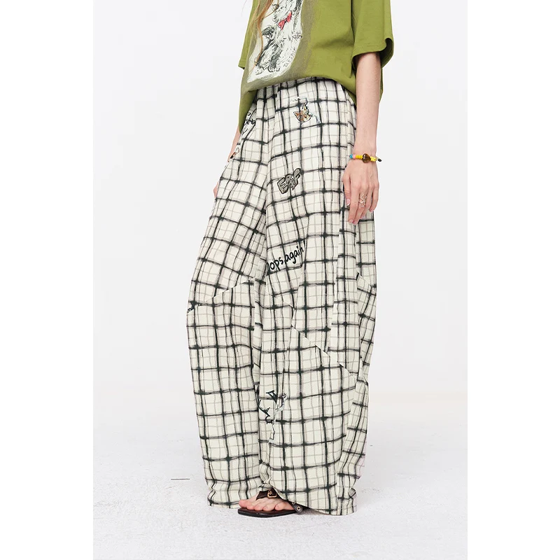 ELFSACK Women's Plaid Graffiti Print Baggy Pants, Elastic Waist Harem Style Trousers, Loose Casual Streetwear Bottoms for Summer