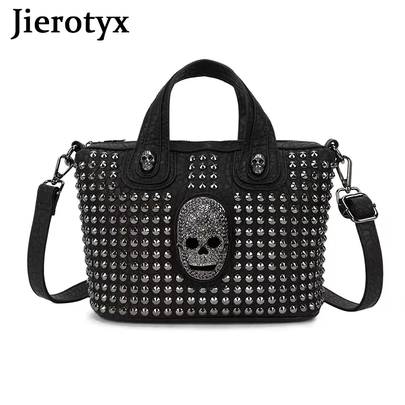 JIEROTYX Women Handbag Casual Punk Skull Purse Leather Top Handle Rivet Shoulder Crossbody Bag Studded Gothic Bags Long Strap