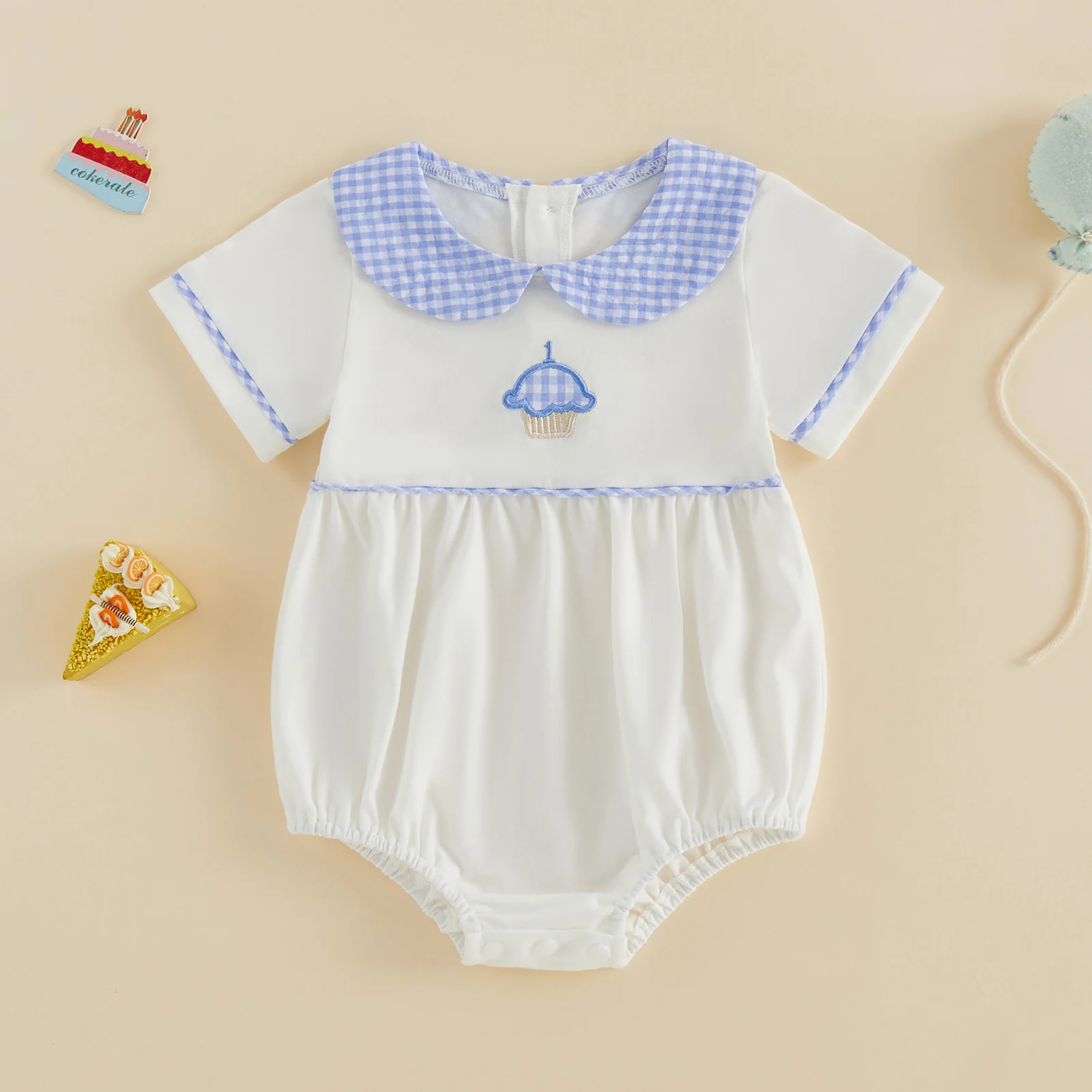 Baby Short Sleeve Romper Embroidered Plaid Doll Collar Summer Bubble Bodysuit for Girls Boys