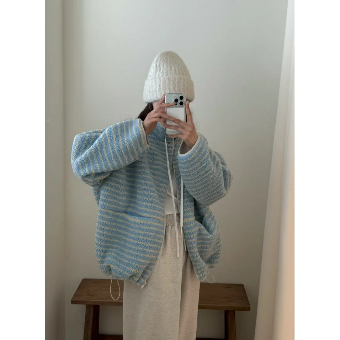 Chic Winter Women's New Arrival Long Sve Striped Lazy Sle Zipper Design Coat Fre Youthful Korean Faion Outerwear