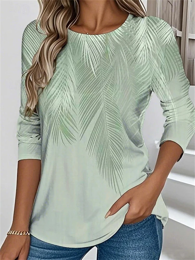 Fall 2026 Women's T-Shirt Botanical Print Simple Crew Neck Long Sleeves Loose and Comfortable Fashionable Streetwear Top