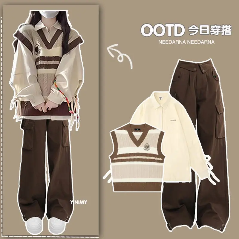 Spring and Autumn Fashion Women's Set New Korean Casual Shirt Tank Top High Waist Work Pants Three Piece Set